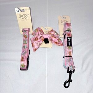 Sassy Woof Leash, Collar, And Bow Set Pink Travel Stamp Design Size M Collar